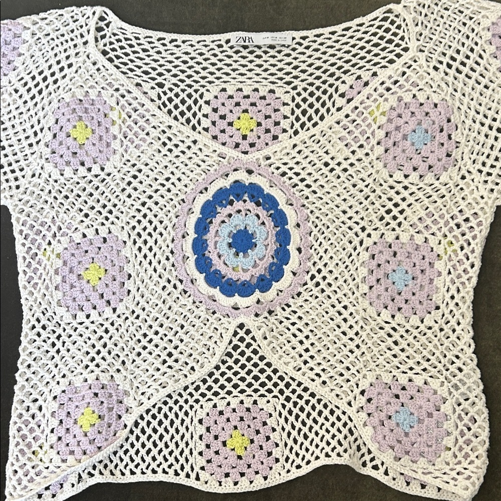 Zara White Crochet Top with Pastel Accents